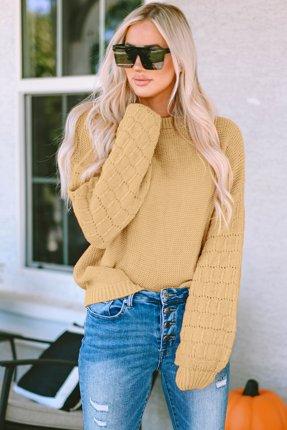 Threaded Pear - Jayla Hollowed Bubble Sleeve Knit Sweater - 2 COLORS -