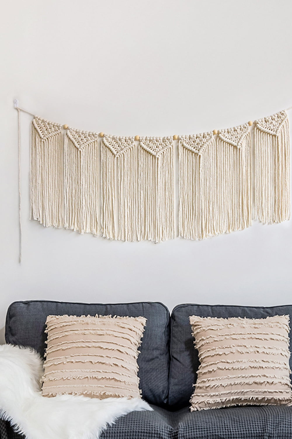 Fully Handmade Fringe Macrame Wall Hanging - 43.3" X 15.7" - T - 1 COLOR -