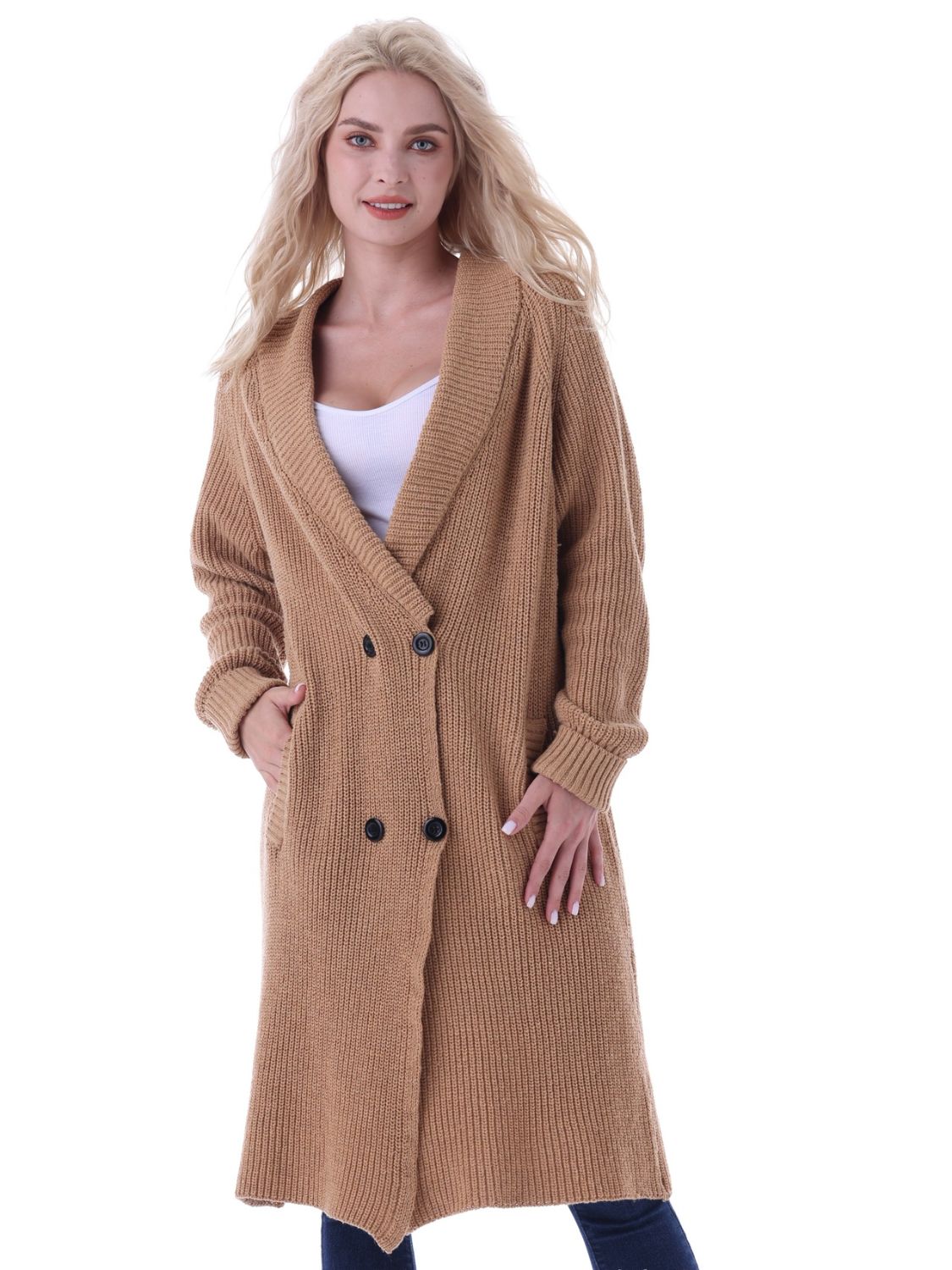 Double-Breasted Longline Cardigan with Pockets - T - 1 COLOR -