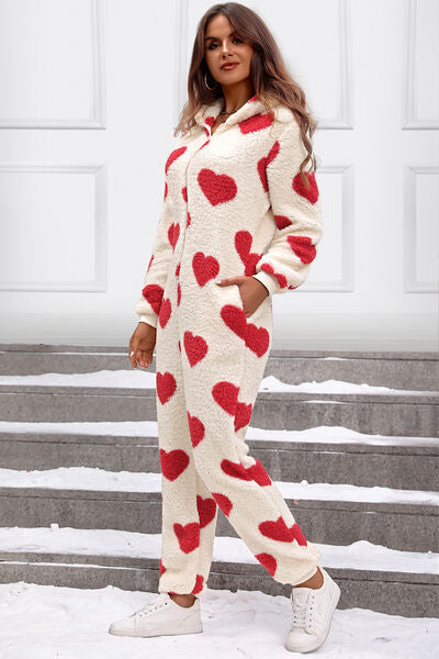 Fuzzy Heart Zip Up Hooded Lounge Jumpsuit - T - 3 COLORS -