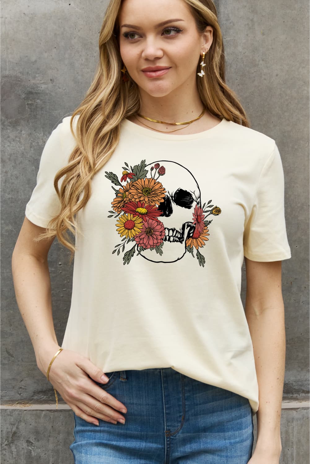 Simply Love Full Size Flower Skull Graphic Cotton Tee - T - 2 COLORS -