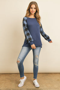 Thumbnail for Riah Fashion - Plaid Puff Sleeved Round Neck Top - 3 COLORS -