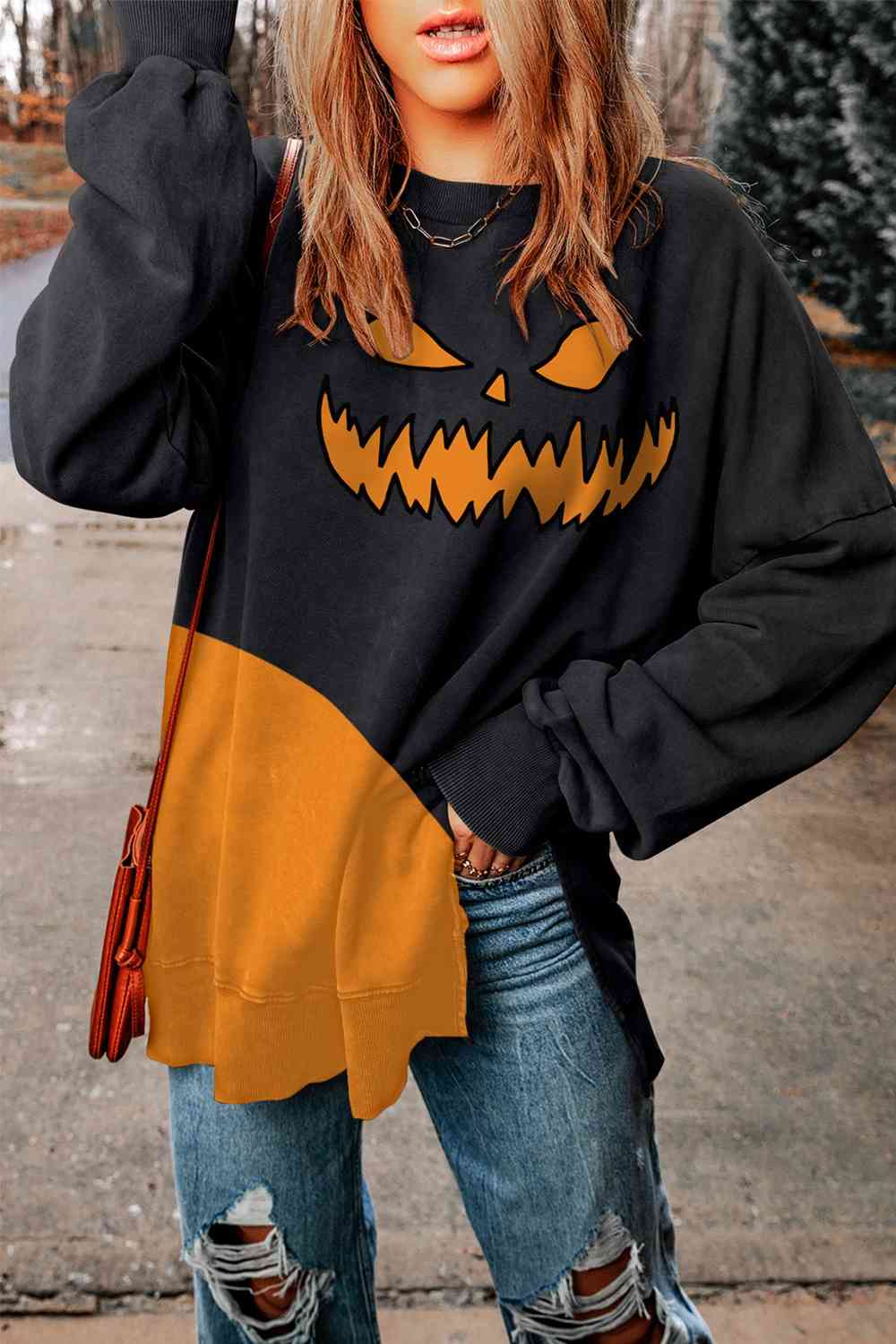 Round Neck Drop Shoulder Slit Graphic Sweatshirt - T - 1 COLOR -