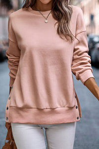 Thumbnail for Snap Detail Round Neck Dropped Shoulder Sweatshirt - T - 10 COLORS -