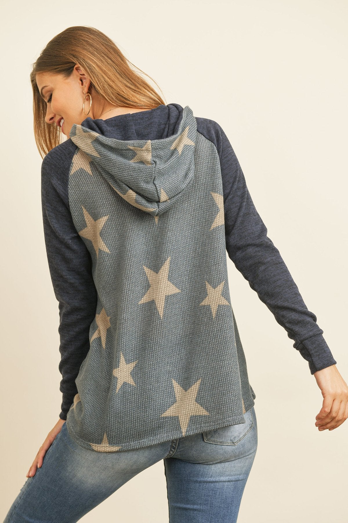 Riah Fashion - Brushed Hacci Sleeve Rib Detail Star Print Hoodie With Drawstring - 3 COLORS -