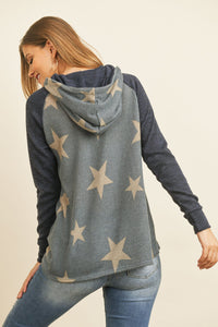 Thumbnail for Riah Fashion - Brushed Hacci Sleeve Rib Detail Star Print Hoodie With Drawstring - 3 COLORS -