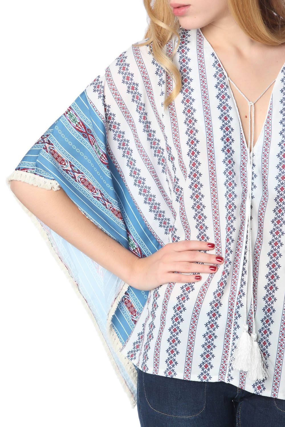 Q2 - Blue Oversized Poncho Top in Tribe Print - 1 SIZE - 1 COLOR -