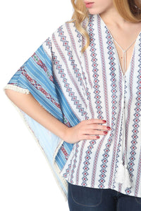 Thumbnail for Q2 - Blue Oversized Poncho Top in Tribe Print - 1 SIZE - 1 COLOR -