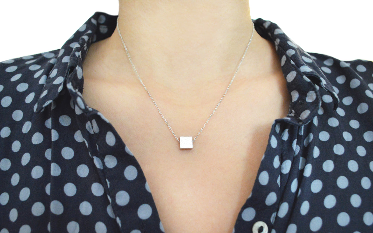 White Gold Hammered Square Necklace -