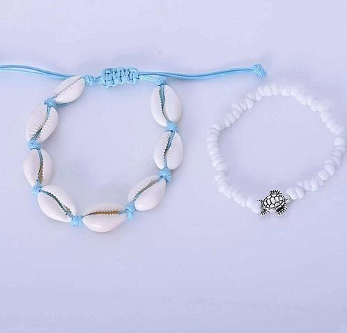 2PCS Boho Turquoise Shell Anklet With White Turtle Bead Ankle Bracelet -