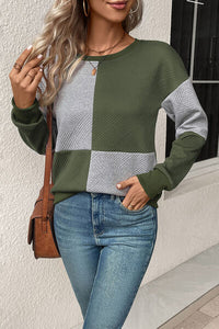 Thumbnail for Textured Color Block Round Neck Sweatshirt - T - 4 COLORS -