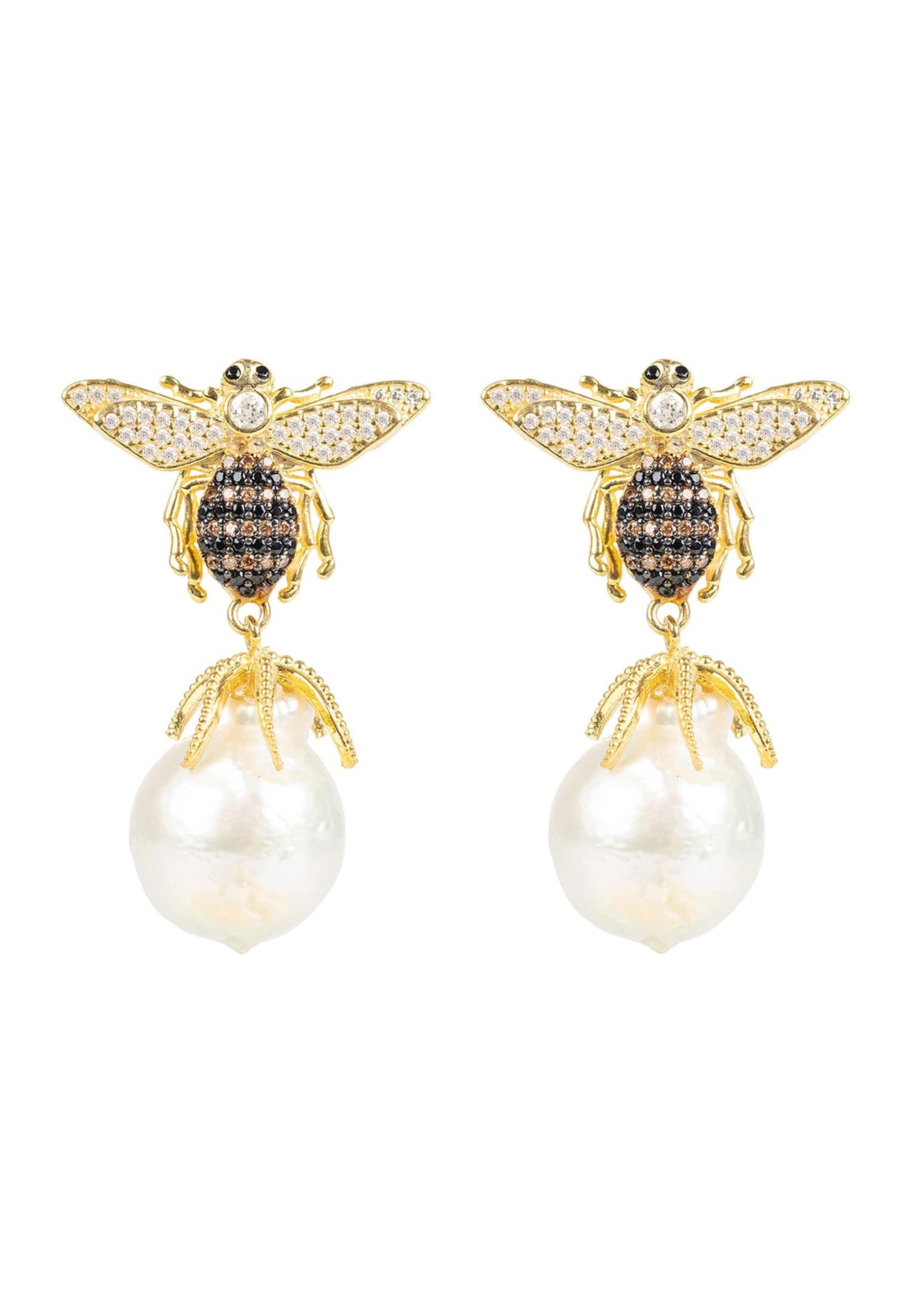 LATELITA - Baroque Pearl Honey Bee Drop Earrings Gold -