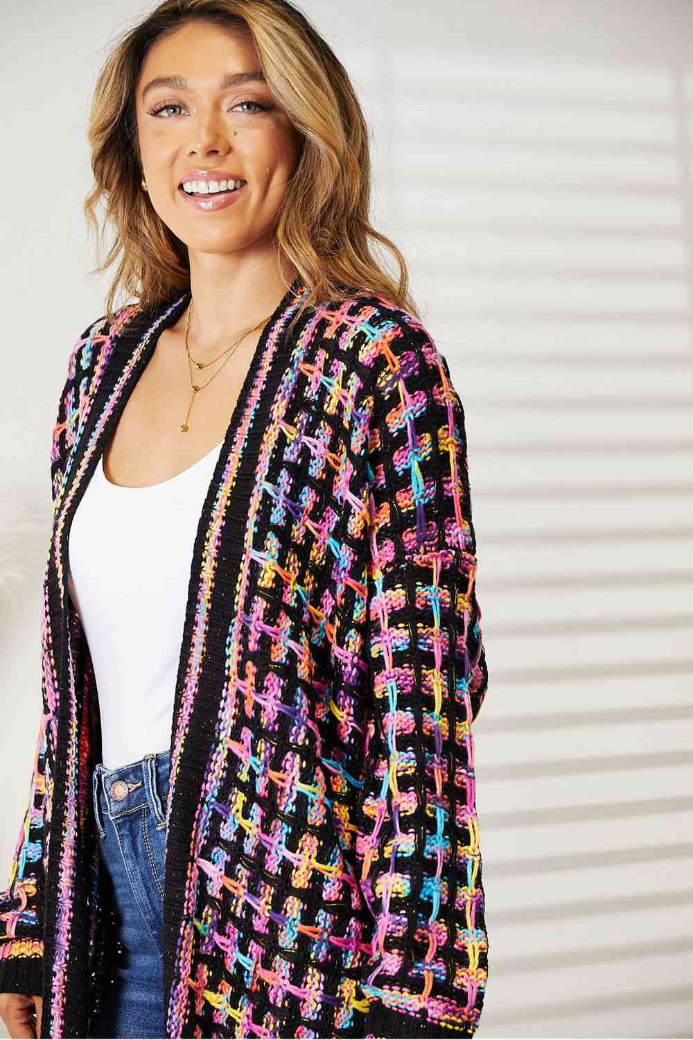 Double Take Full Size Multicolored Open Front Fringe Hem Cardigan - T - SIZES S THRU 3XL - 1 COLOR -