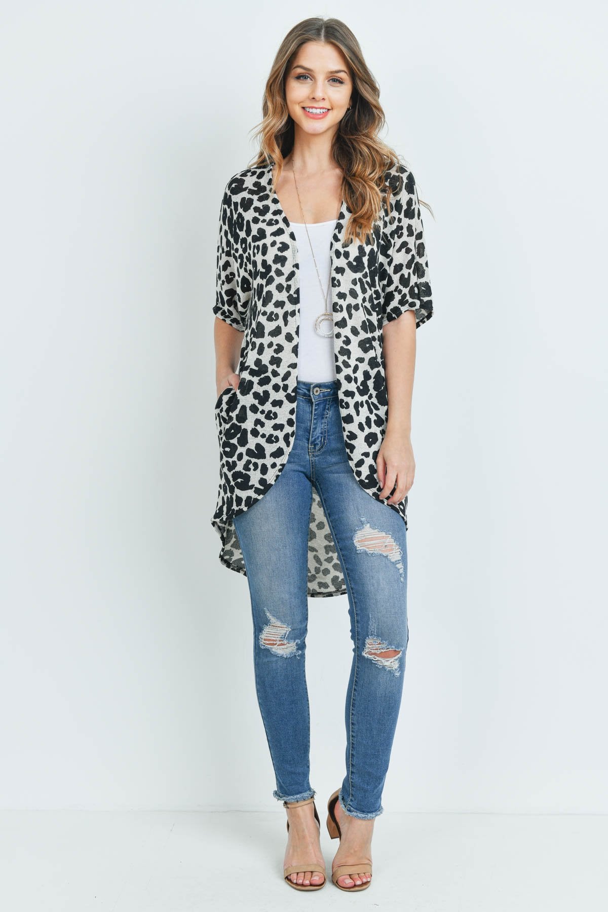 Riah Fashion - Leopard Short Sleeves Open Front Hi-Low Cardigan - 3 COLORS -