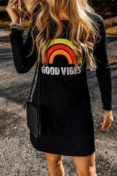 GOOD VIBES Round Neck Long Sleeve Dress - T - 1 COLOR -