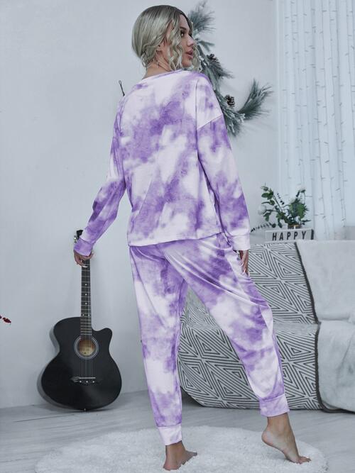 Tie-dye Round Neck Top and Drawstring Pants Lounge Set - 2 PCS. - T - 4 COLORS -