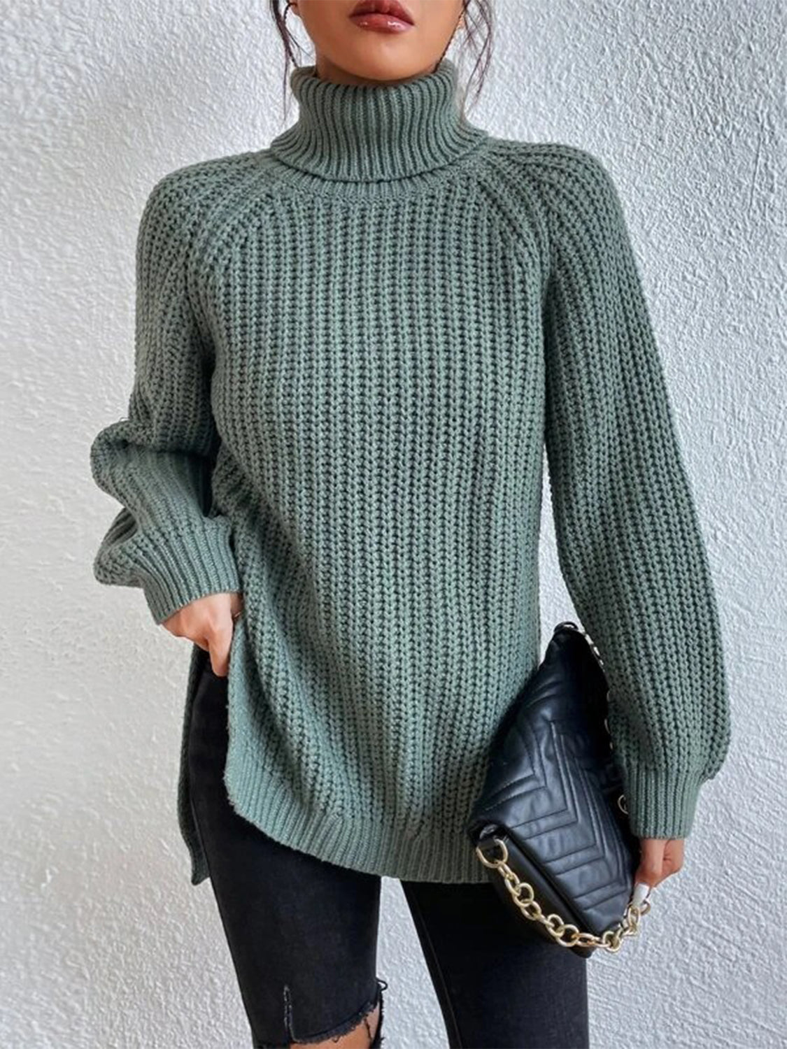 Full Size Turtleneck Rib-Knit Slit Sweater - T - 12 COLORS -