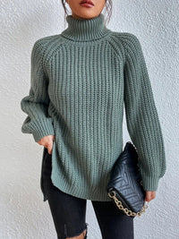 Thumbnail for Full Size Turtleneck Rib-Knit Slit Sweater - T - 12 COLORS -