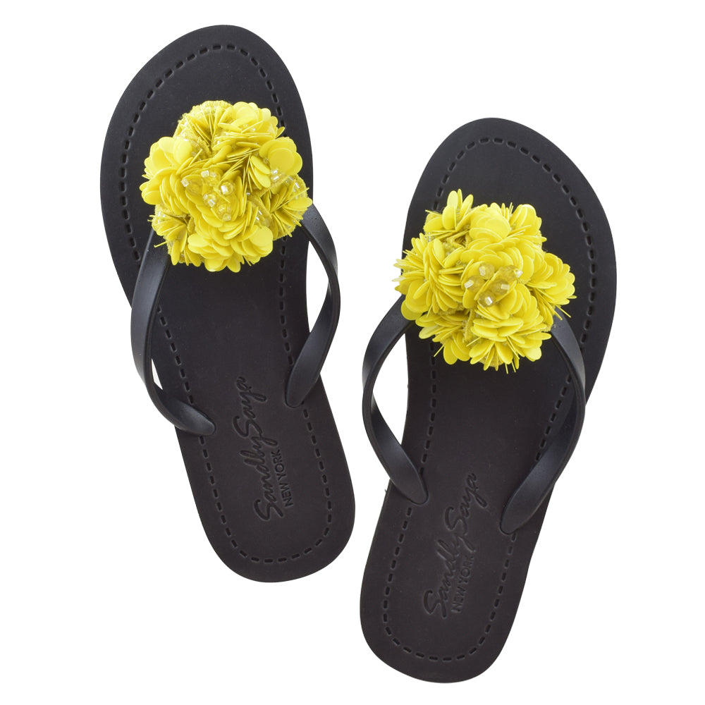 SAND BY SAYA N.Y. - Noho Yellow Flower - Embroidered Flat Flip Flops Sandal - 3 COLORS -