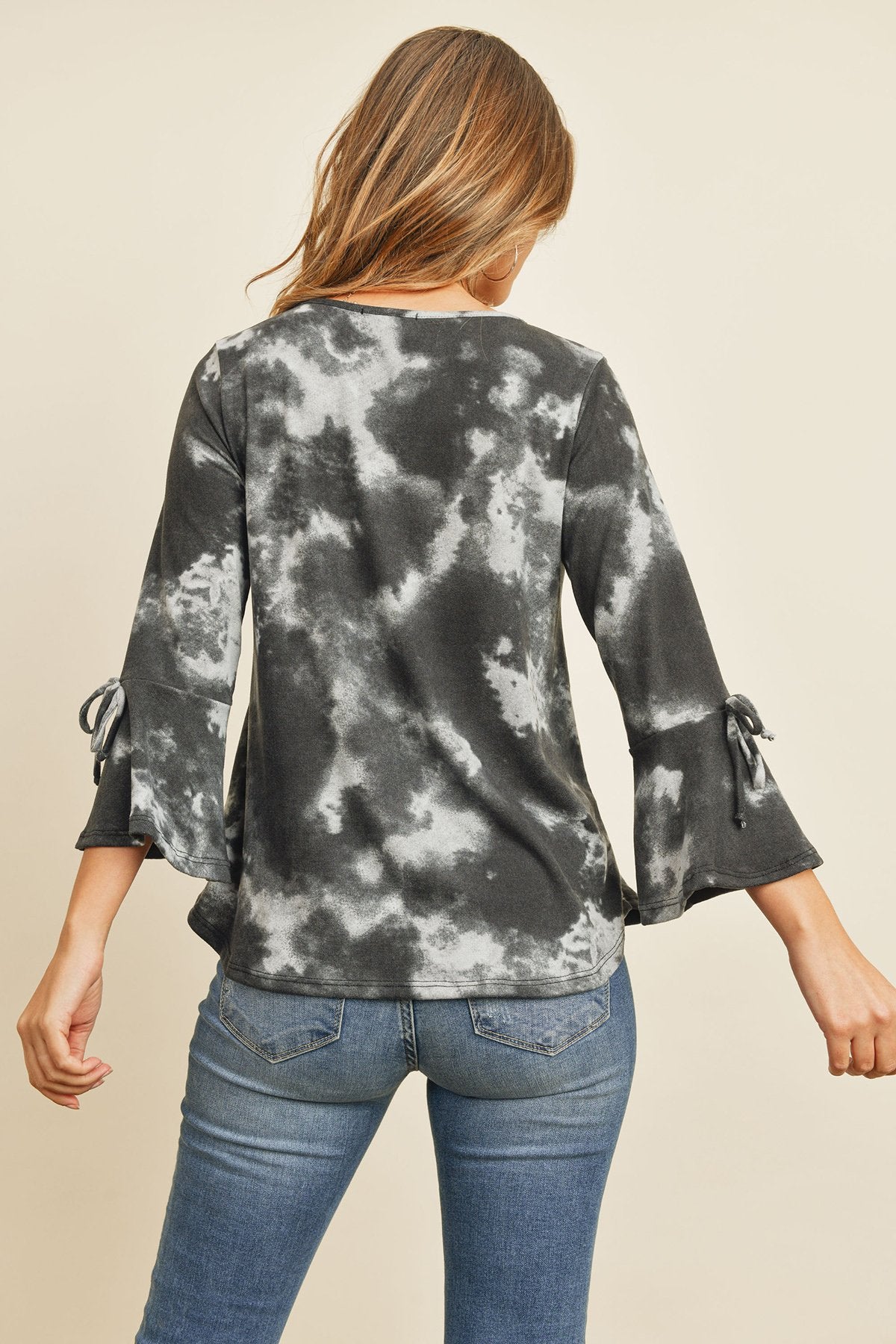 Riah Fashion - Tie Dye Bell Sleeved Ribbon Detail Swing Top - 3 COLORS -