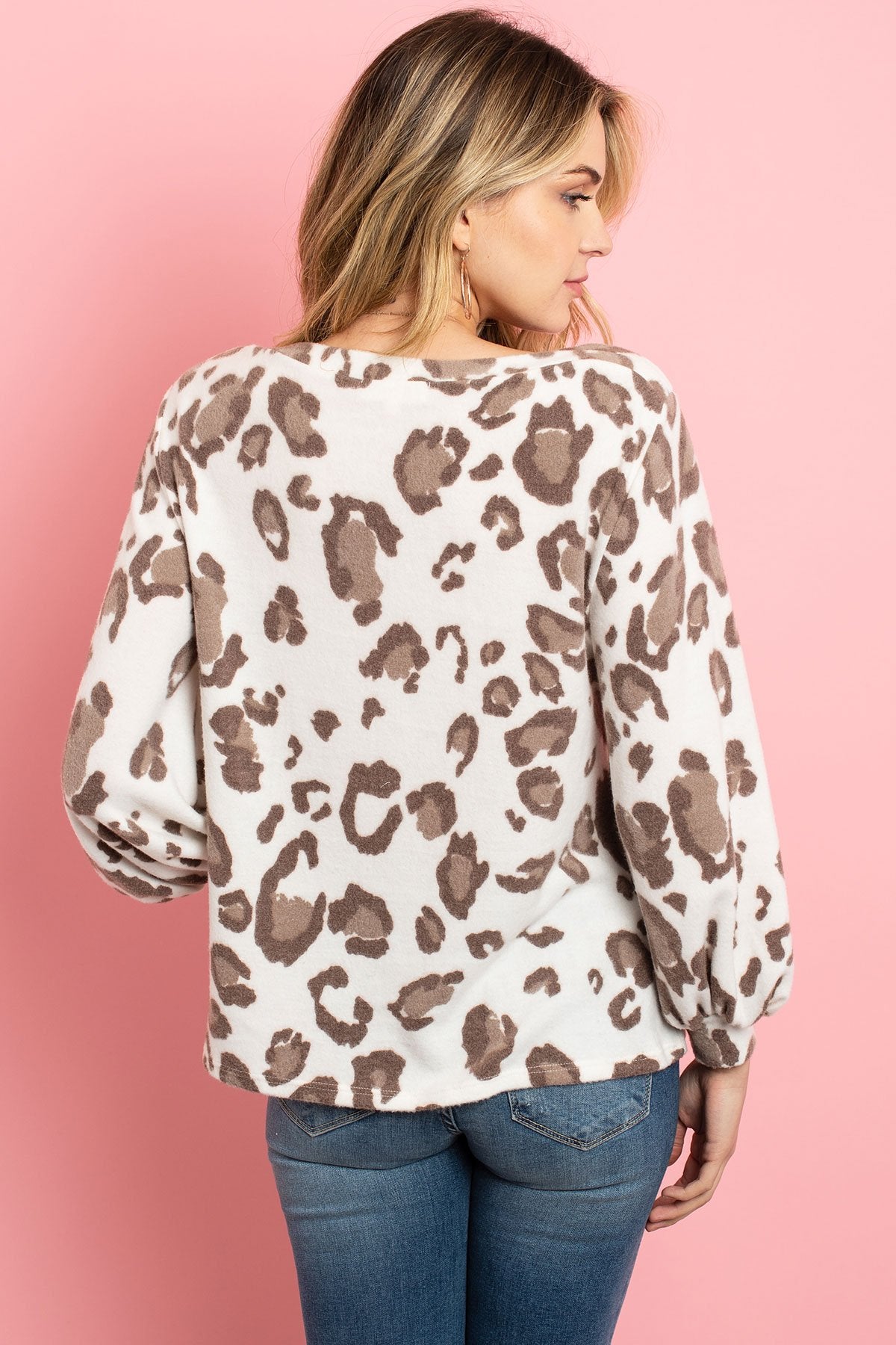 Riah Fashion - Leopard Brushed Hacci Puff Sleeved Boat Neck Top - 3 COLORS -