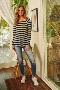 Thumbnail for Riah Fashion - Elbow Suede Patch Striped Tunic - 6 COLORS -