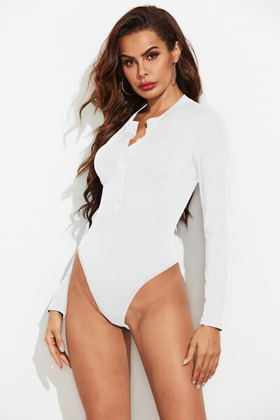 Half Button Round Neck Long Sleeve Bodysuit - T - 2 COLORS -