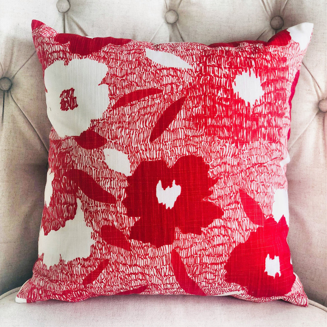 Hibiscus Red and Beige Luxury Throw Pillow - 10 SIZES -