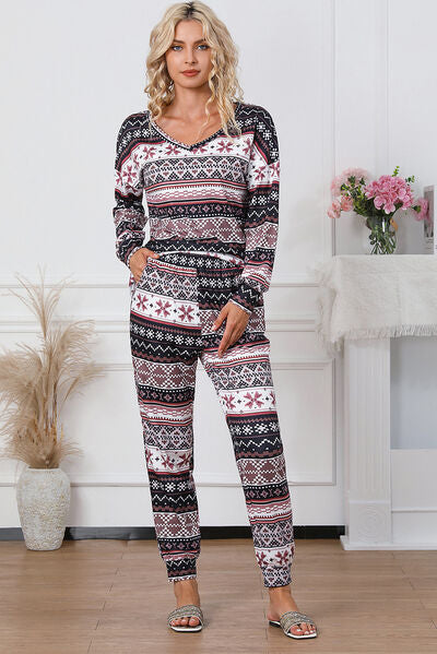 Printed V-Neck Top and Pants Lounge Set - T - 1 MULTI COLOR -