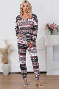 Thumbnail for Printed V-Neck Top and Pants Lounge Set - T - 1 MULTI COLOR -