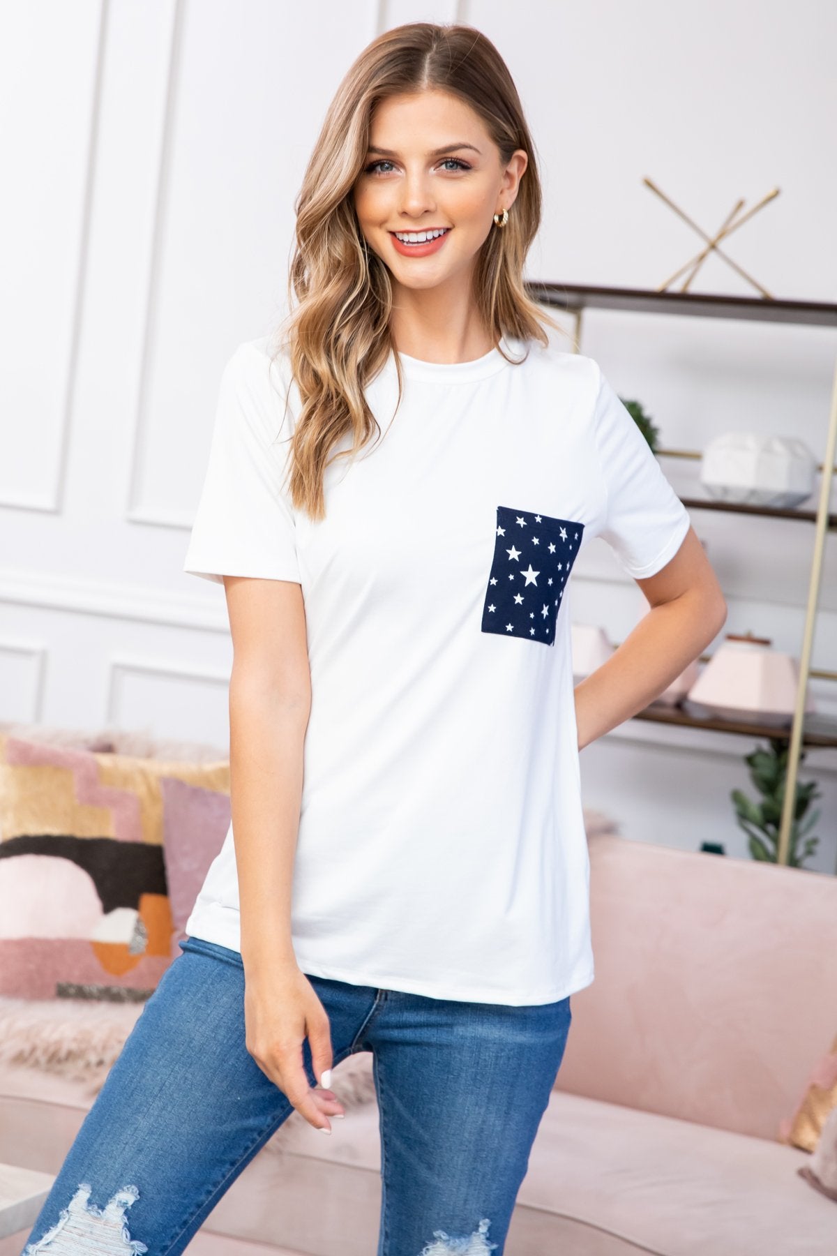 Riah Fashion - Short Sleeve Star Pocket Top - 4 COLORS