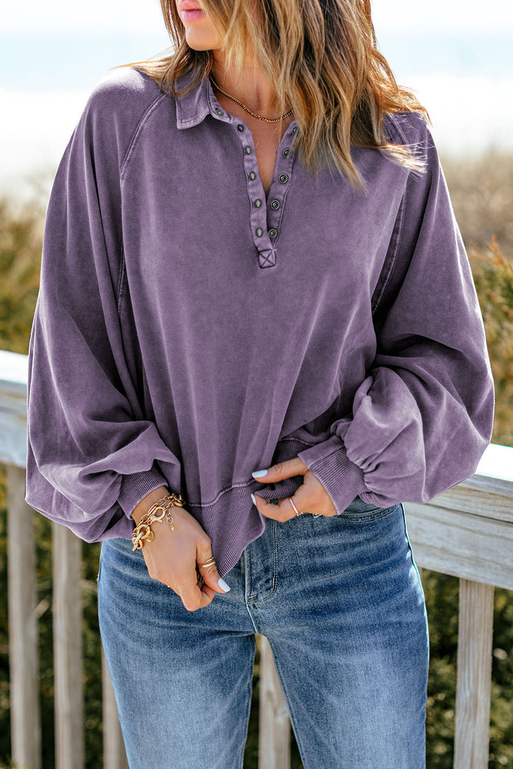 Quarter-Snap Collared Lantern Sleeve Sweatshirt - T - 4 COLORS -