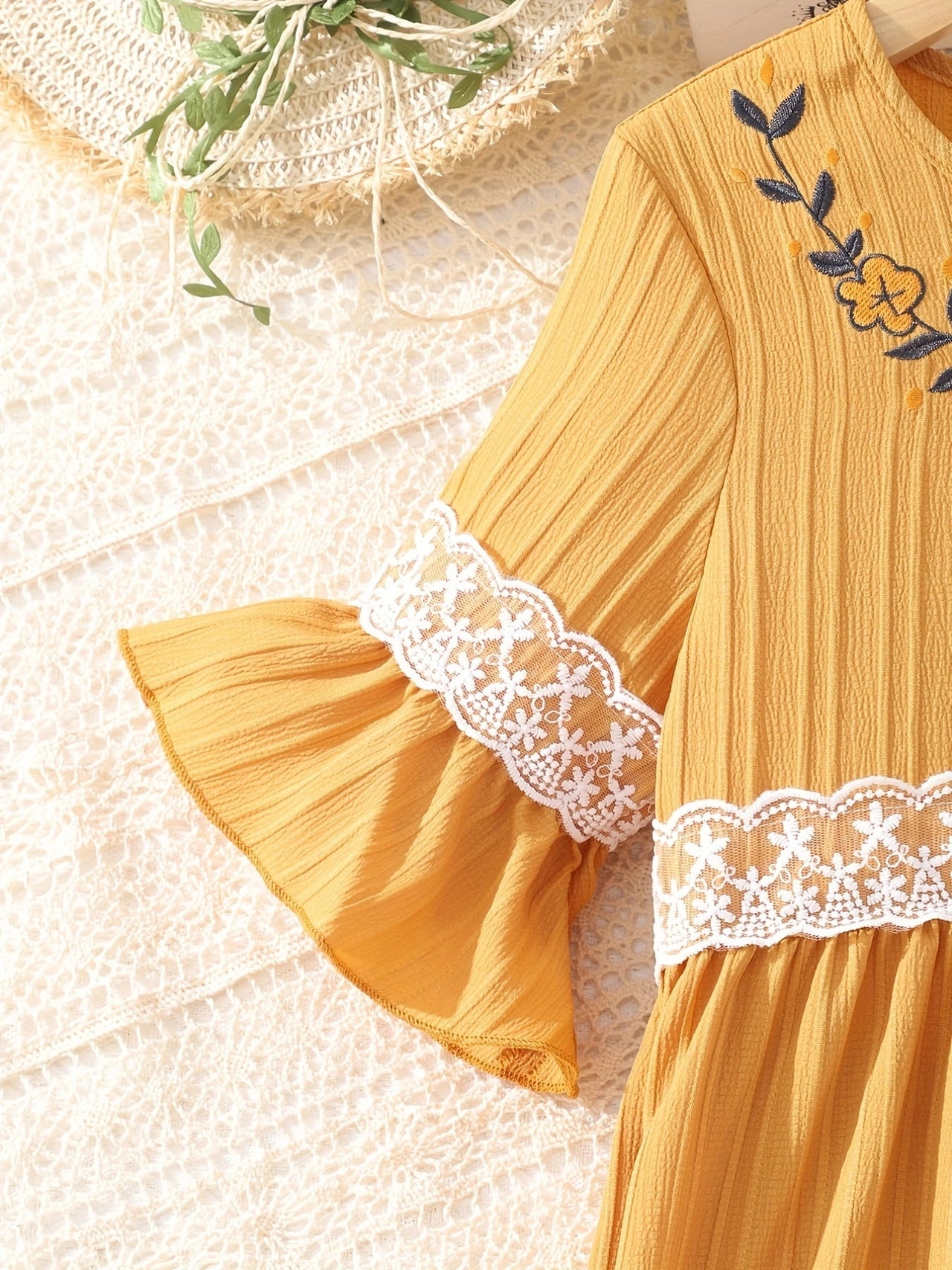 Lace Waistband Embroidery Round Neck Flounce Sleeve Dress - T - 1 COLOR -