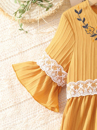 Thumbnail for Lace Waistband Embroidery Round Neck Flounce Sleeve Dress - T - 1 COLOR -