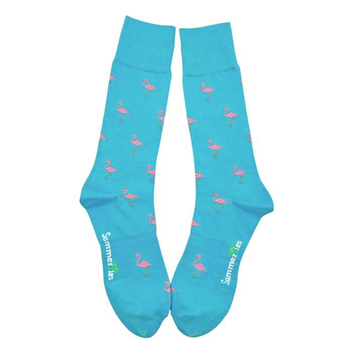 Summer Ties - Flamingo Socks - Men's Mid Calf - Pink on Aqua Blue - 1 COLOR -