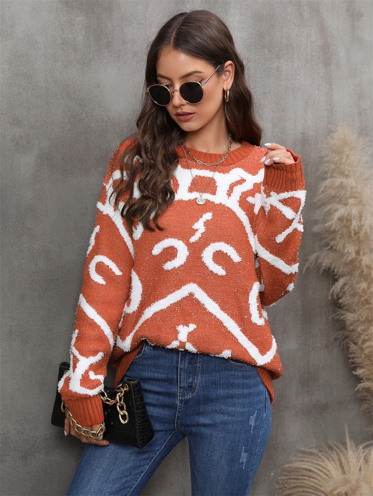 Printed Round Neck Dropped Shoulder Sweater - T - 2 COLORS -