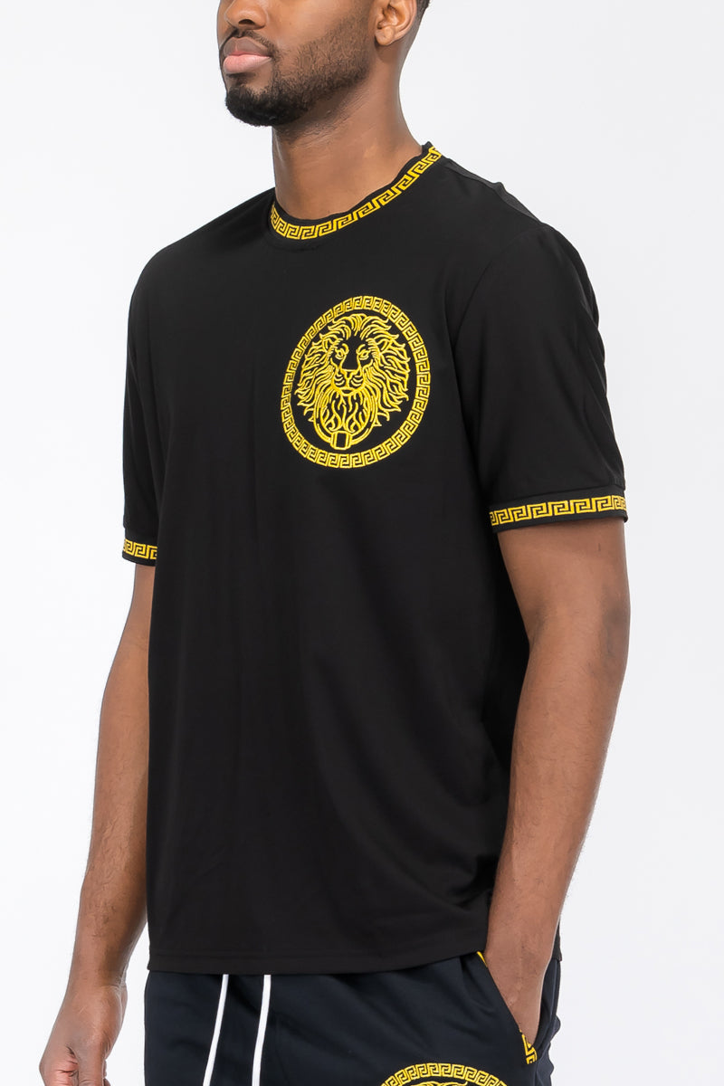 Embroidered Lion Head Round Neck Tee - 4 COLORS -