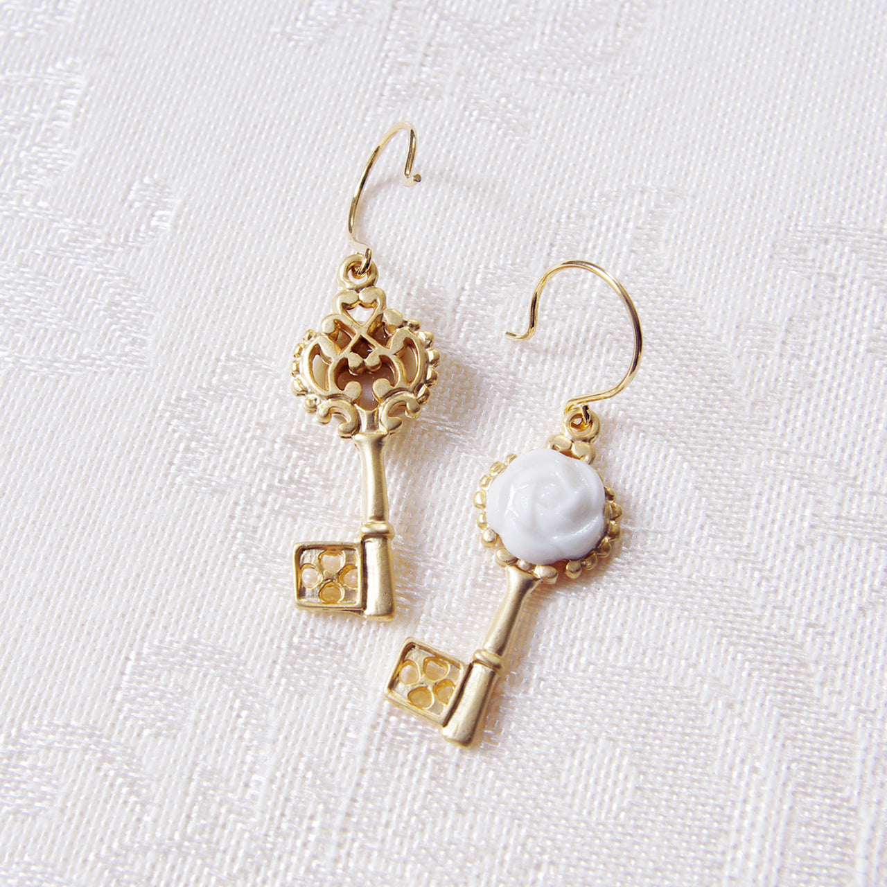 Porcelain Camellia Golden Key Earrings -