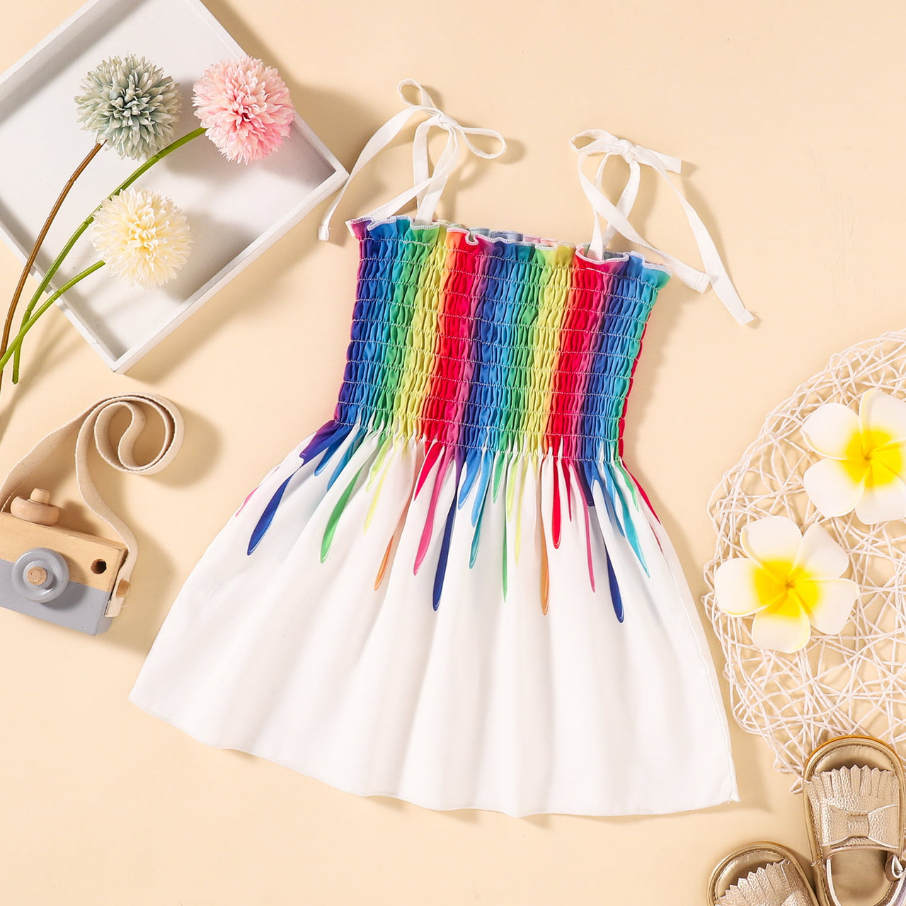 Rainbow Color Tie Shoulder Smocked Dress - T - 1 MULTI COLOR -