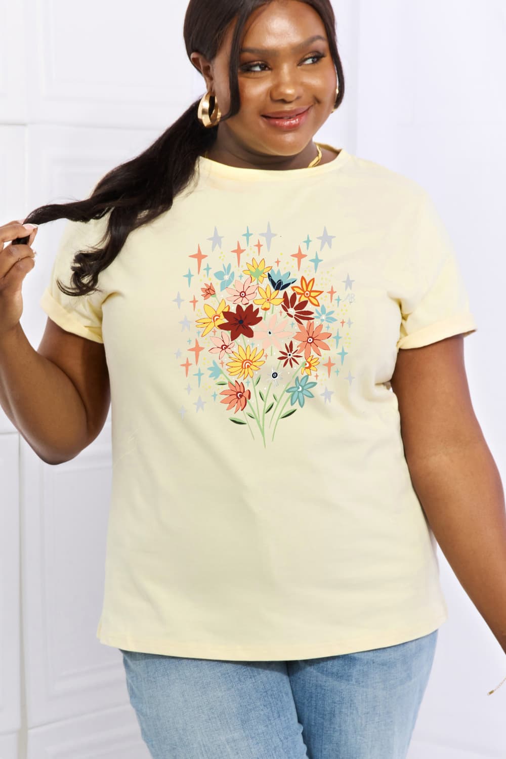 Simply Love Full Size Floral Graphic Cotton Tee - T - 2 COLORS -