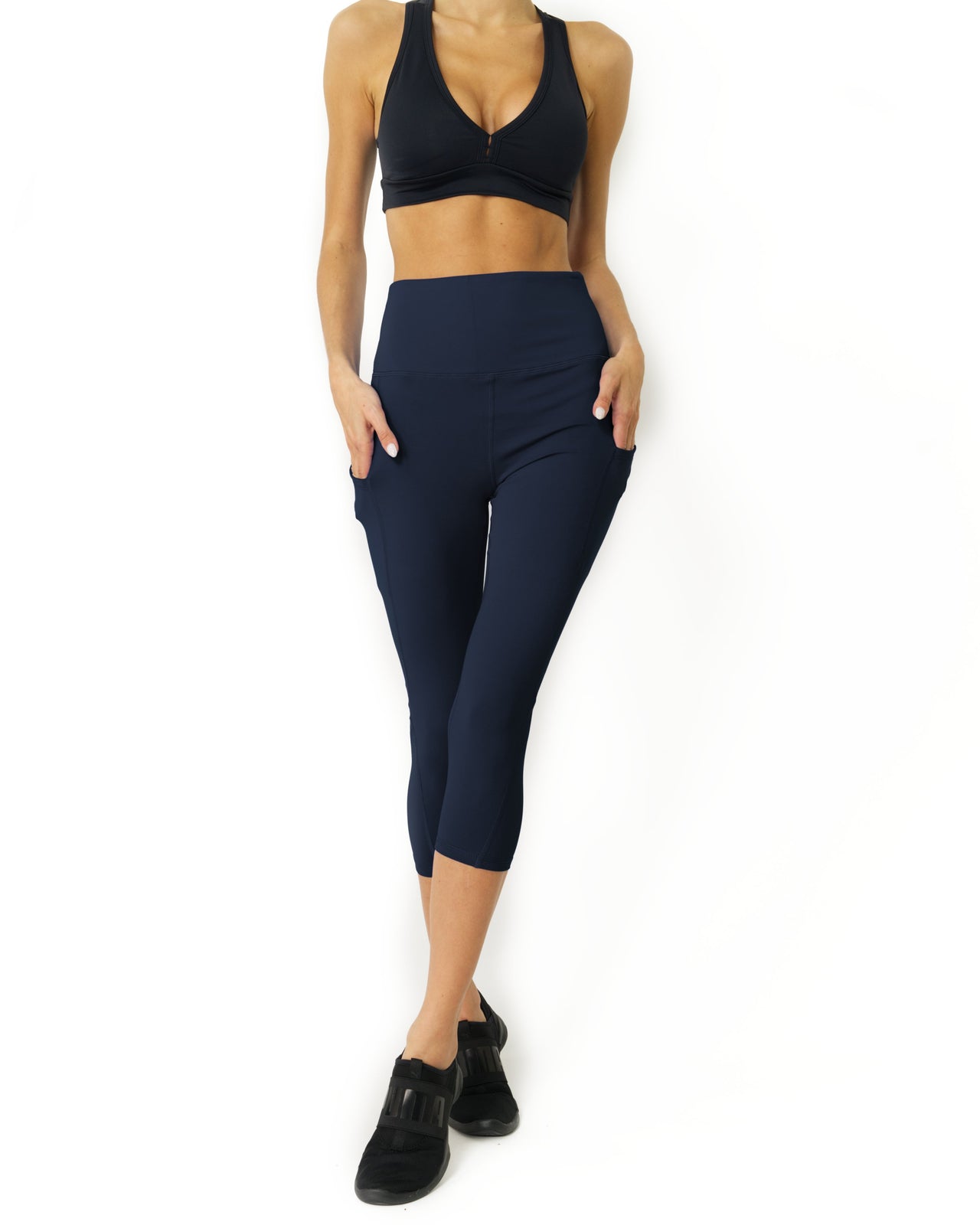 Savoy - High Waisted Yoga Capri Leggings - Navy Blue - 1 COLOR -