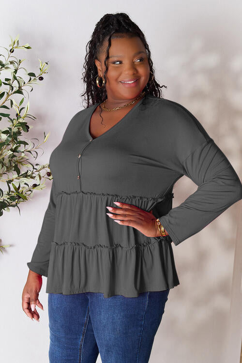 Double Take Half Button Long Sleeve Ruffle Hem Blouse - SIZES S THRU 3XL - T - 7 COLORS -