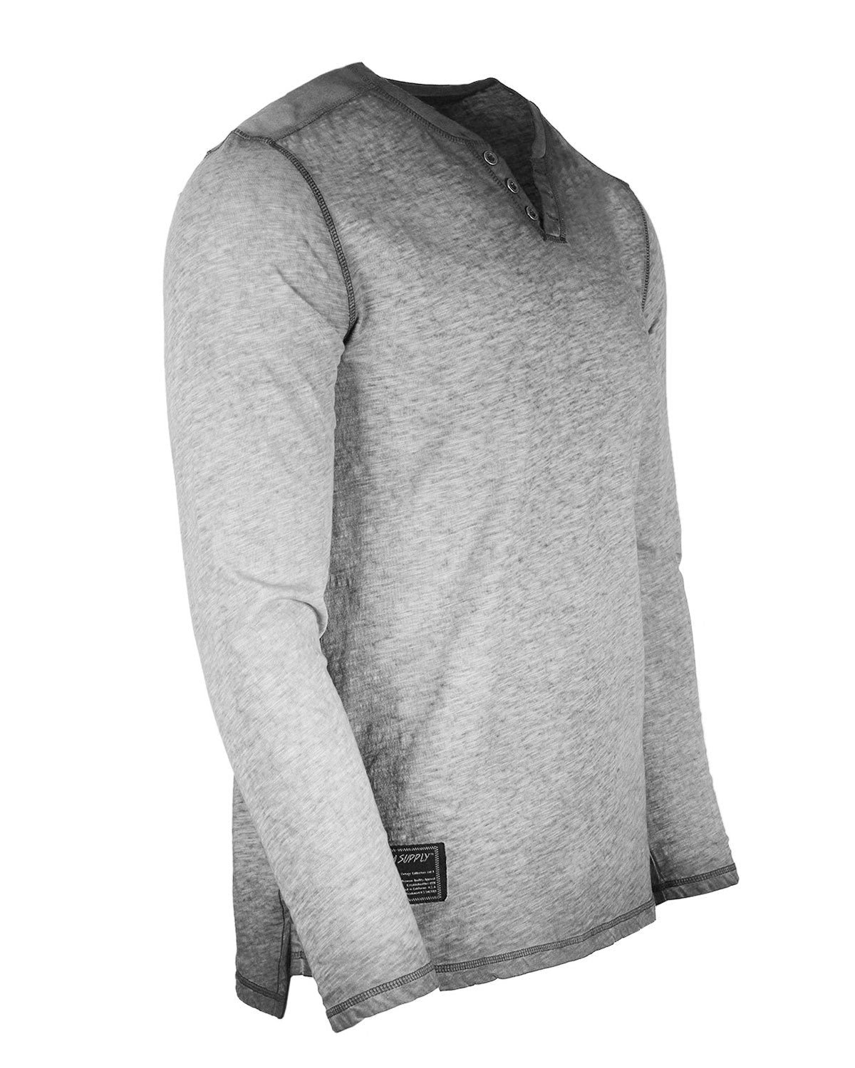 Mens Long Sleeve V-Neck Henley Oil Wash Contrast Seam Vintage Shirt - Silver Grey - 1 COLOR -