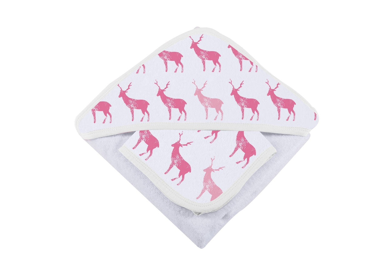 Newcastle - Pink Deer Cotton Hooded Towel and Washcloth Set -