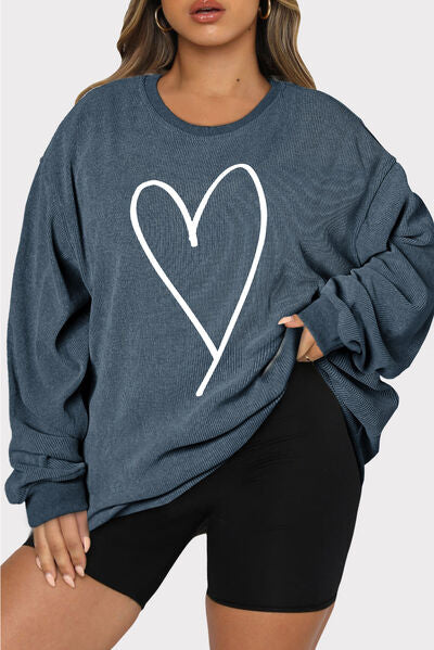 Plus Size Heart Ribbed Round Neck Sweatshirt - SIZES 1XL THRU 3XL - T - 3 COLORS -