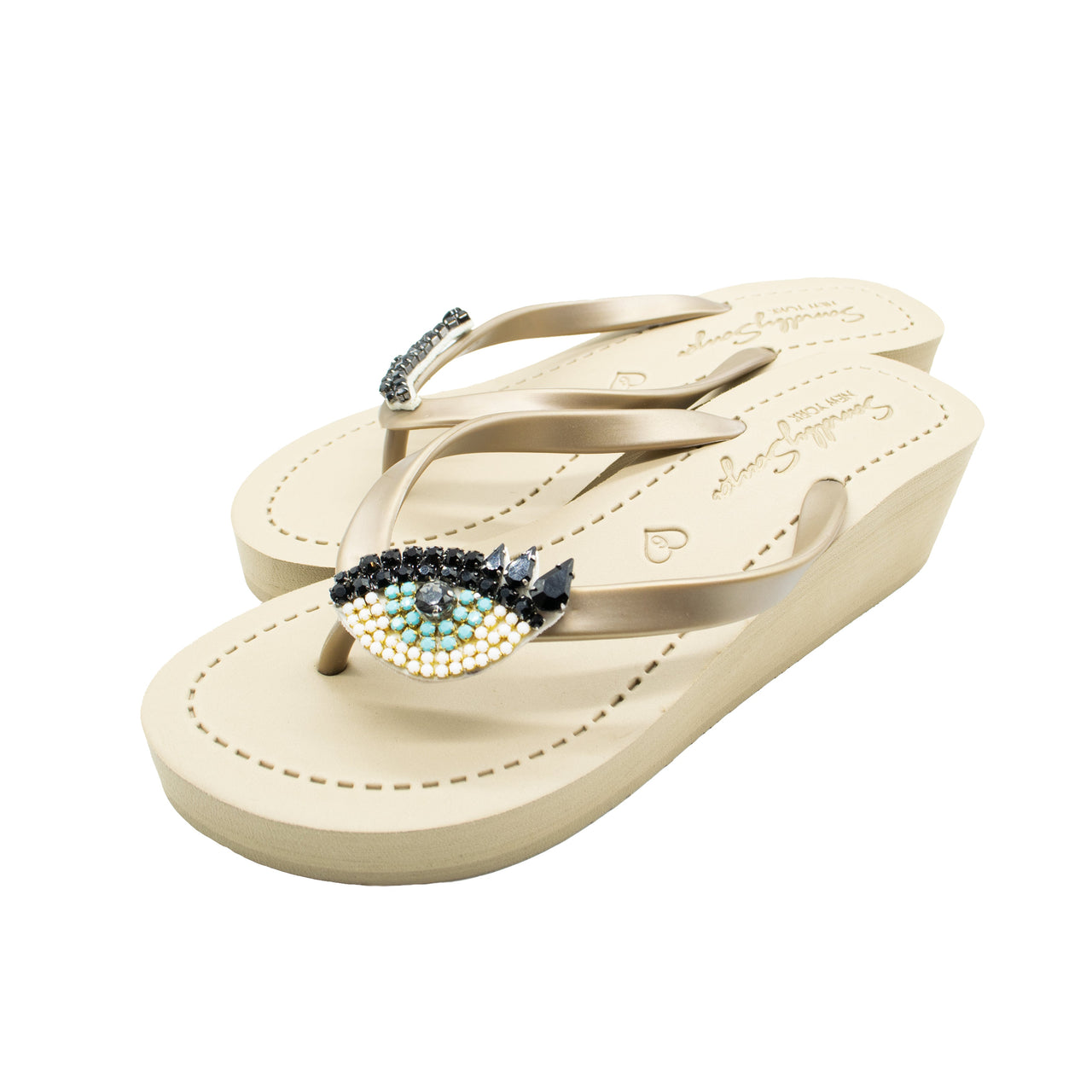 SAND BY SAYA N.Y. - Eyes - Rhinestone Mid Wedge Flip Flops - 2 COLORS -