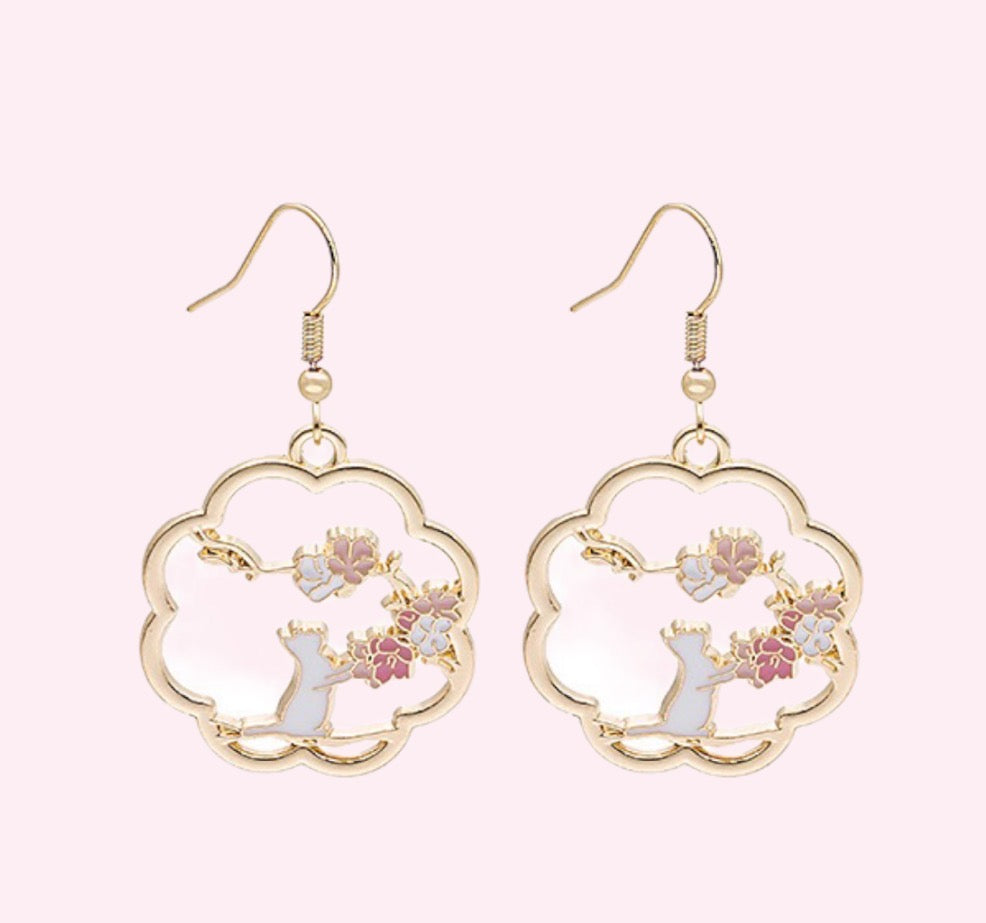 Cherry Blossoms Cat Earring, Minimalist Earrings | Handmade Jewelry | Dangle Earrings -