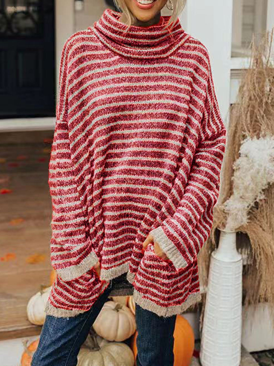 Striped Turtleneck Sweater with Pockets - T - 4 COLORS -