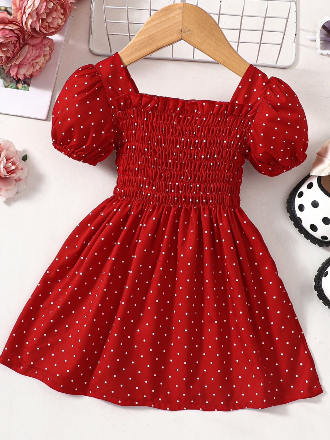 Baby Girl Printed Square Neck Smocked Dress - T - 5 SIZES - 2 COLORS -