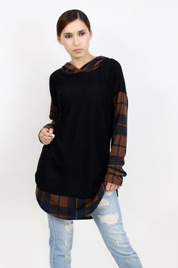 Stylespect - Hooded Plaid Color Block Top - Mocha -  1 COLOR -